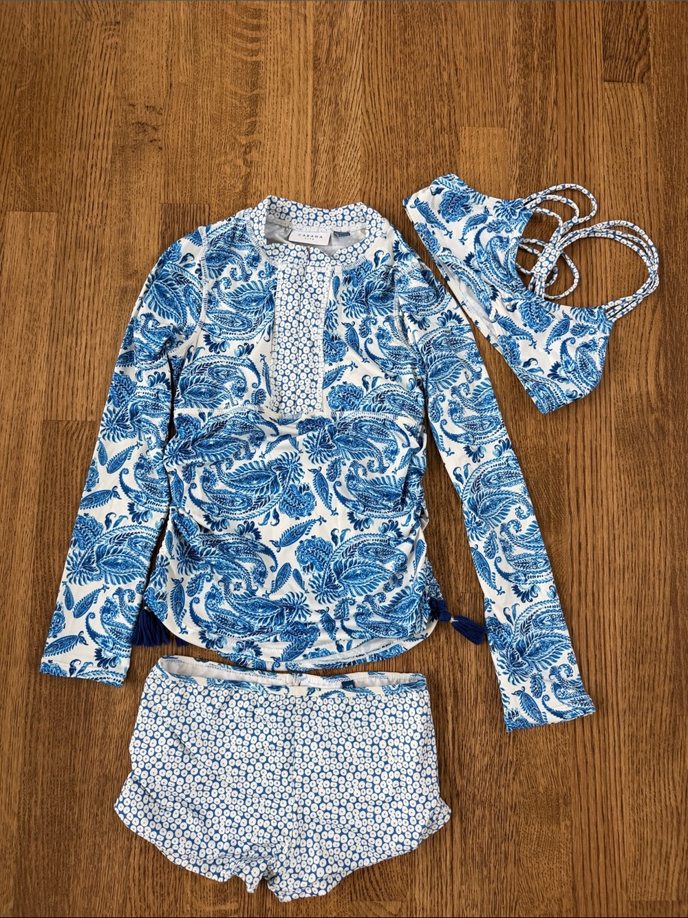 Cabana Life 3 Piece Paisley Girls Swim Set - Long Sleeve Rashguard, Shorts & Top